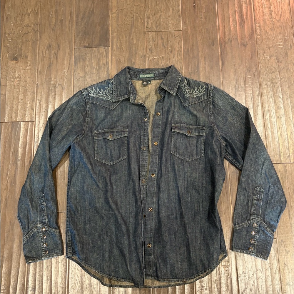Vintage Ralph Lauren Denim Button-Up Shirt with Embroidered Details. Size Large